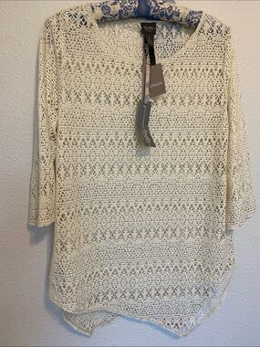 Chico's Traveler’s Collection Cream Crochet Top with 3/4 sleeves